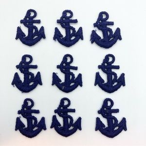 3/$25! SET OF 9 VINTAGE 1980s NAVY BLUE EMBROIDERED ANCHOR APPLIQUÉS—NEVER USED!